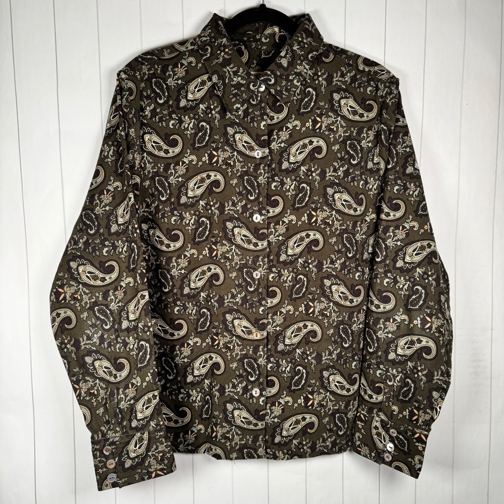 La Cabana Hawaiian Paisley Button Shirt Vaca Beach Top Velour Feel Green size XL